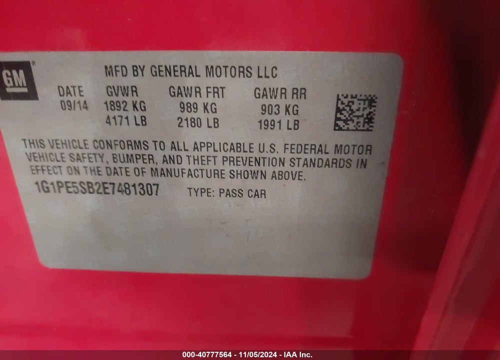 2014 CHEVROLET CRUZE 2LT AUTO VIN: 1G1PE5SB2E7481307