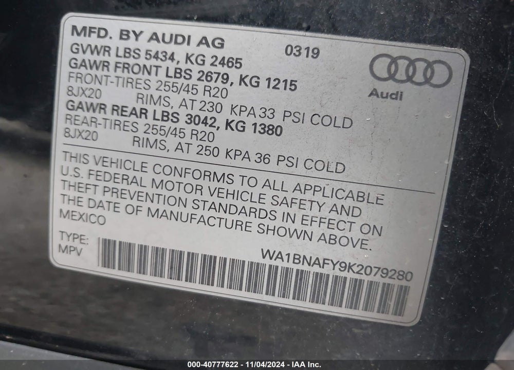2019 AUDI Q5 45 PREMIUM VIN: WA1BNAFY9K2079280