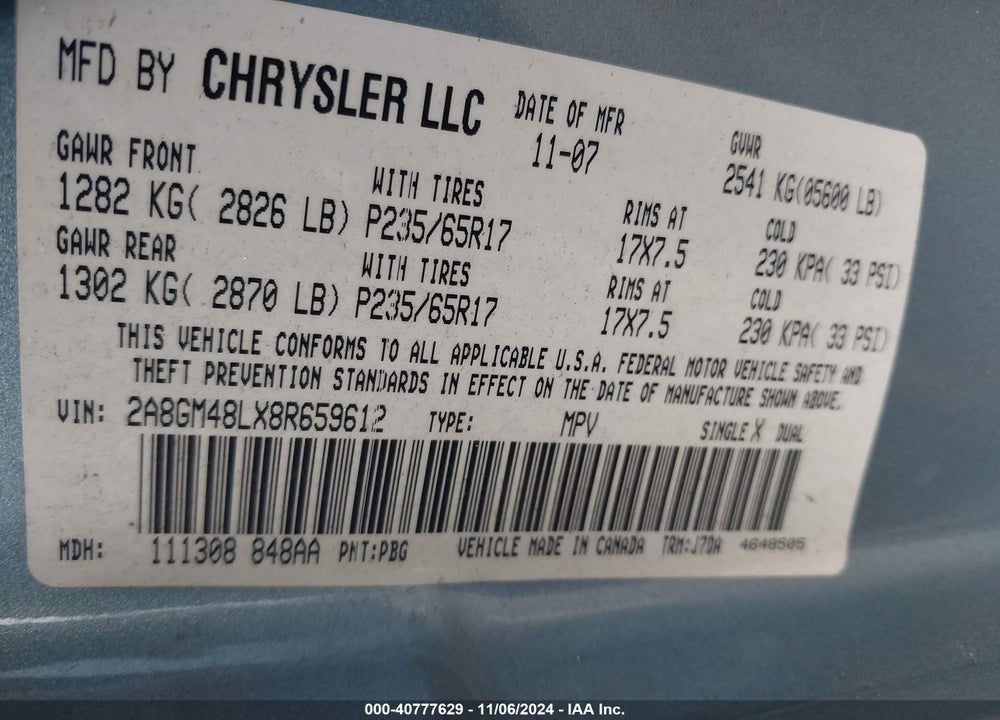 2008 CHRYSLER PACIFICA LX VIN: 2A8GM48LX8R659612