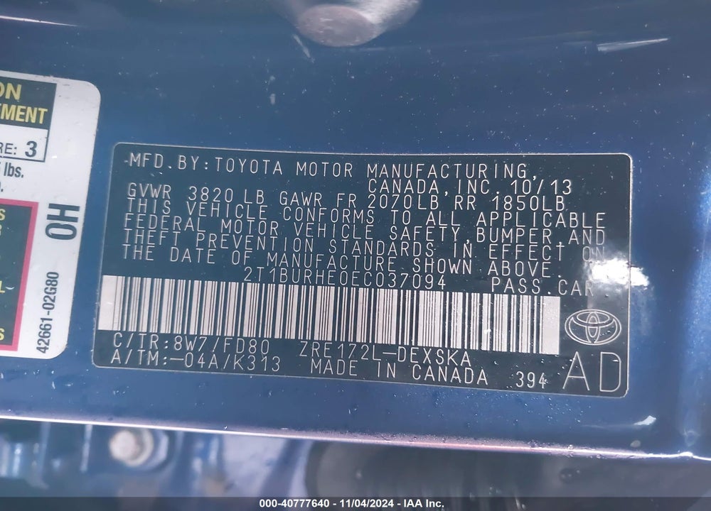2014 TOYOTA COROLLA S PLUS VIN: 2T1BURHE0EC037094