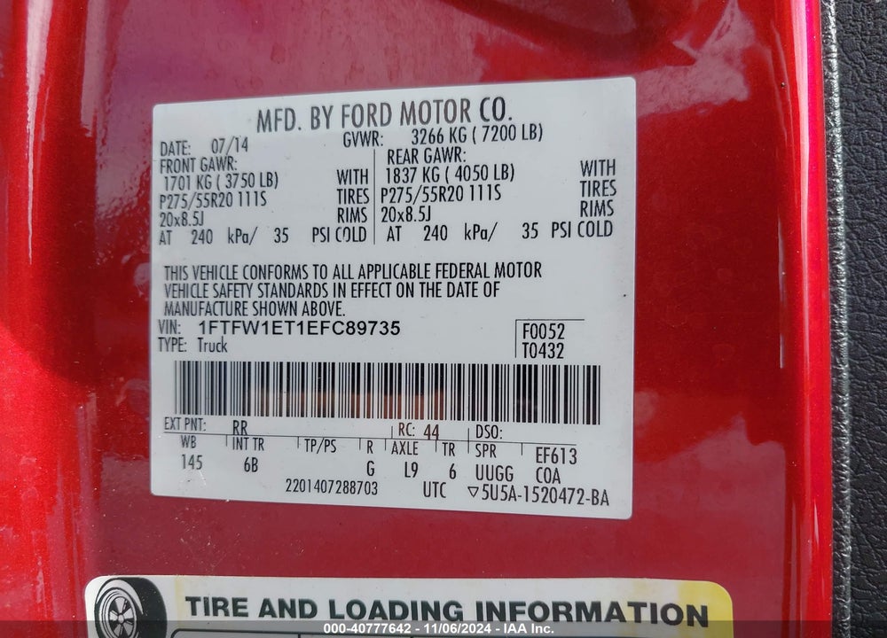 2014 FORD F-150 FX4 VIN: 1FTFW1ET1EFC89735