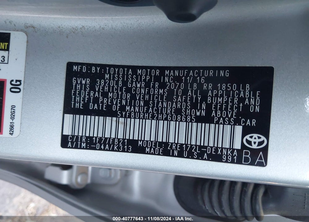 2017 TOYOTA COROLLA LE VIN: 5YFBURHE2HP608685