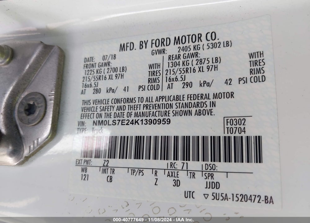2019 FORD TRANSIT CONNECT XL VIN: NM0LS7E24K1390959