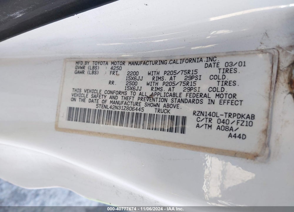 2001 TOYOTA TACOMA VIN: 5TENL42N31Z806445