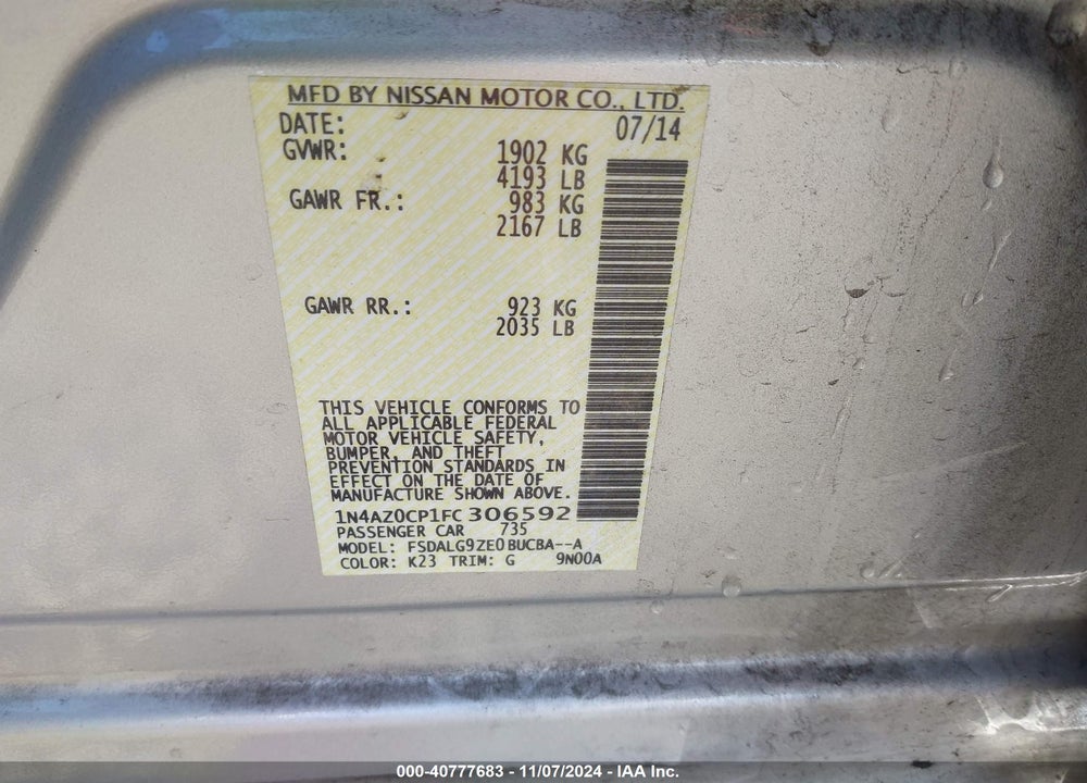 2015 NISSAN LEAF VIN: 1N4AZ0CP1FC306592
