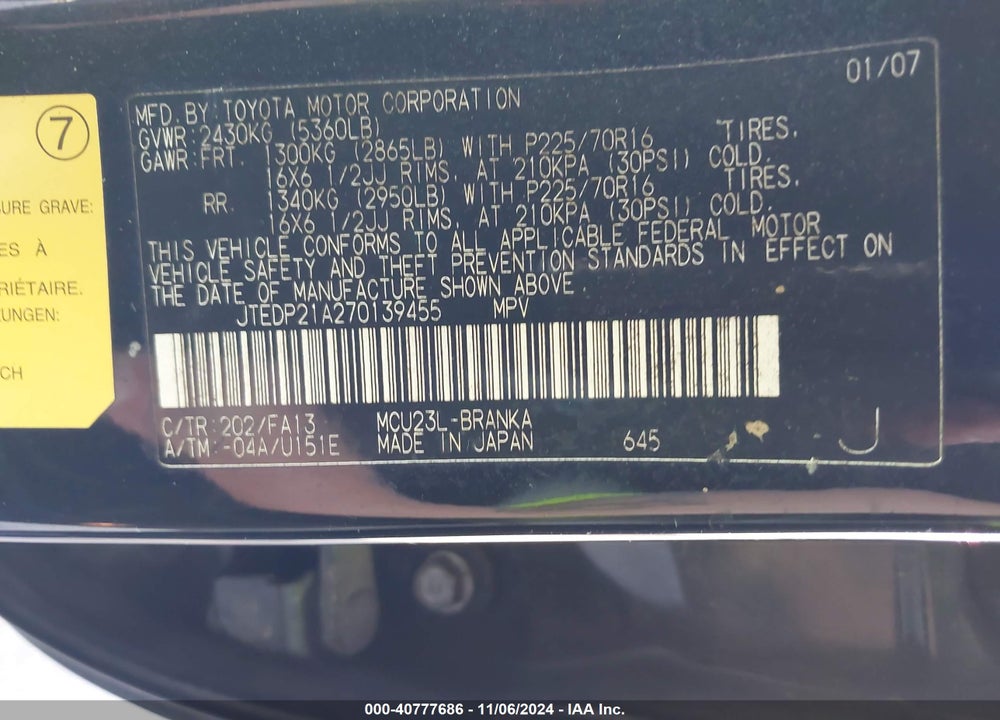 2007 TOYOTA HIGHLANDER V6 VIN: JTEDP21A270139455