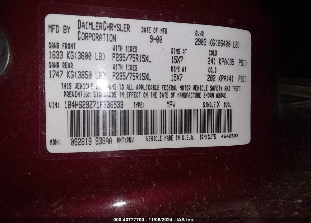 2001 DODGE DURANGO SLT VIN: 1B4HS28Z71F536533