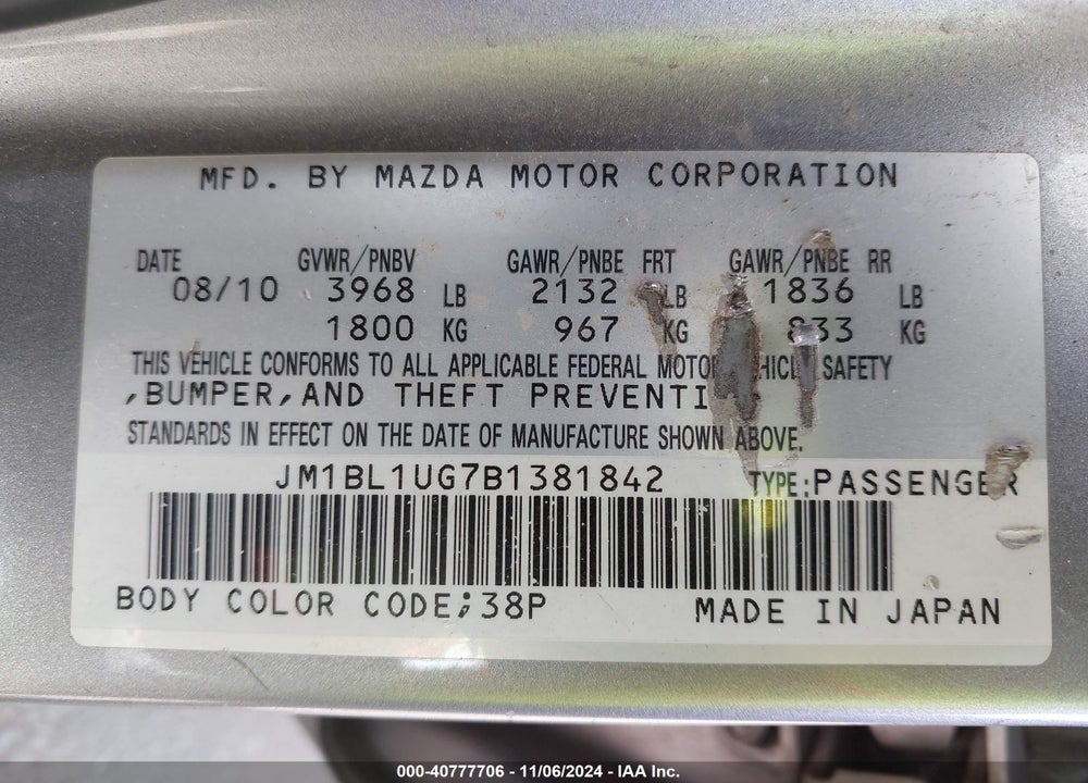 2011 MAZDA 3 I SPORT VIN: JM1BL1UG7B1381842