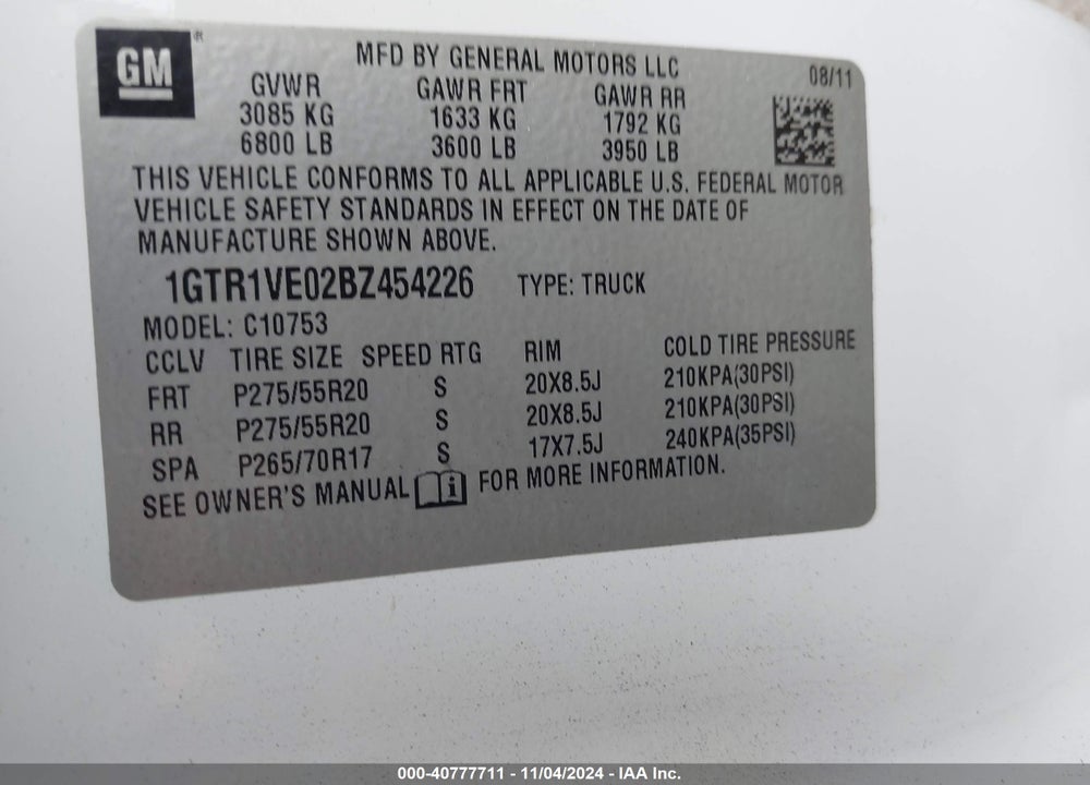 2011 GMC SIERRA 1500 SLE VIN: 1GTR1VE02BZ454226