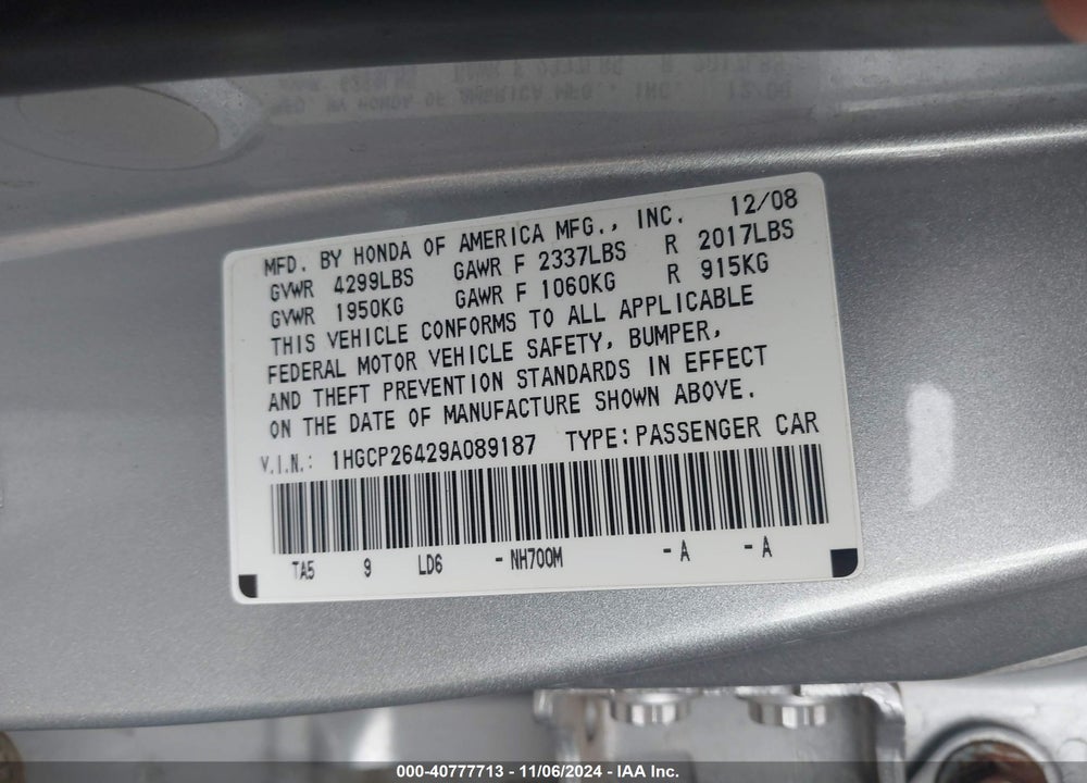 2009 HONDA ACCORD 2.4 LX-P VIN: 1HGCP26429A089187