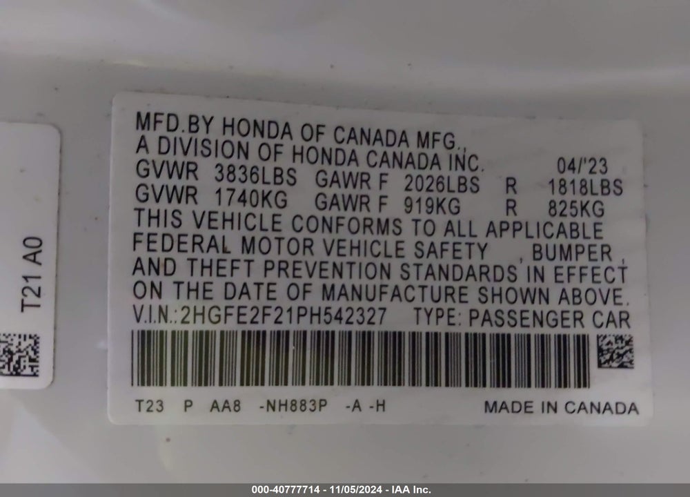 2023 HONDA CIVIC LX VIN: 2HGFE2F21PH542327