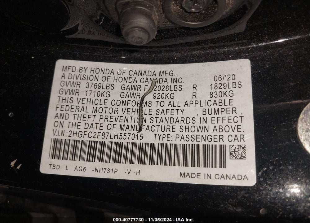 2020 HONDA CIVIC SPORT VIN: 2HGFC2F87LH557015