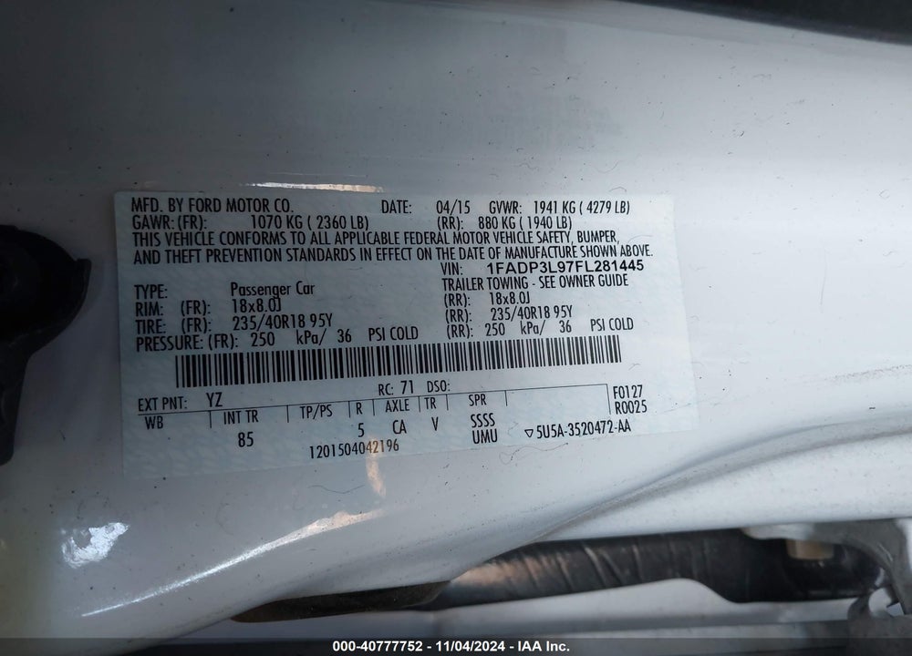 2015 FORD FOCUS ST VIN: 1FADP3L97FL281445