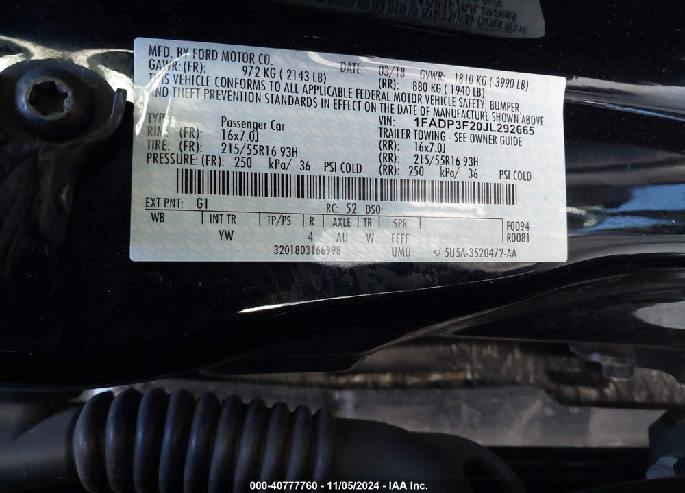 2018 FORD FOCUS SE VIN: 1FADP3F20JL292665