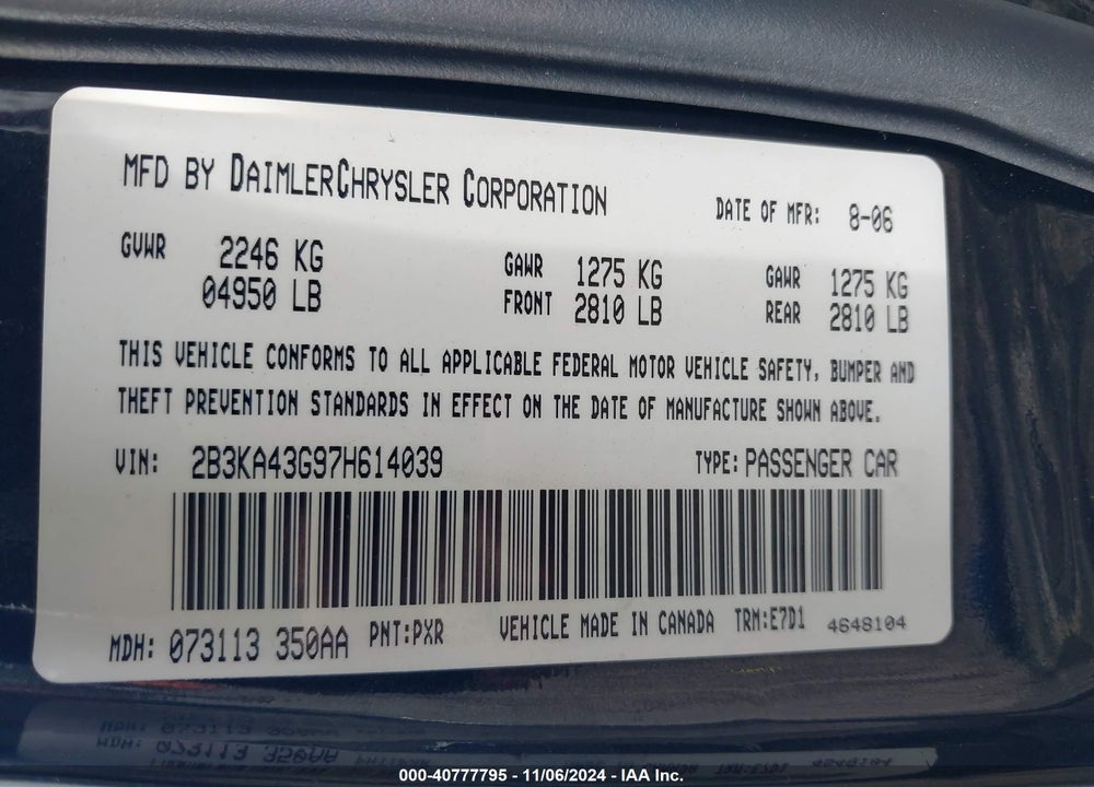2007 DODGE CHARGER VIN: 2B3KA43G97H614039