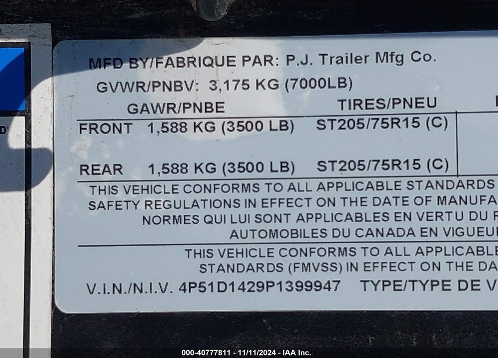 2023 PJ TRAILERS TRAILER VIN: 4P51D1429P1399947