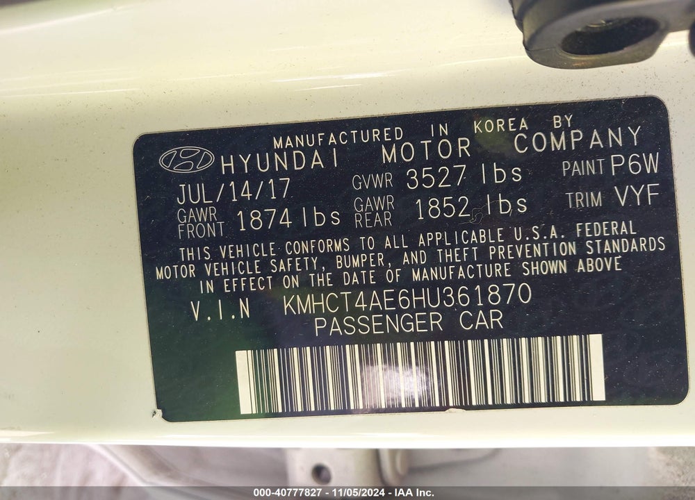 2017 HYUNDAI ACCENT VALUE EDITION VIN: KMHCT4AE6HU361870