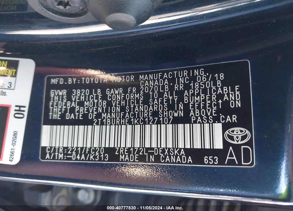 2019 TOYOTA COROLLA SE VIN: 2T1BURHE1KC127107
