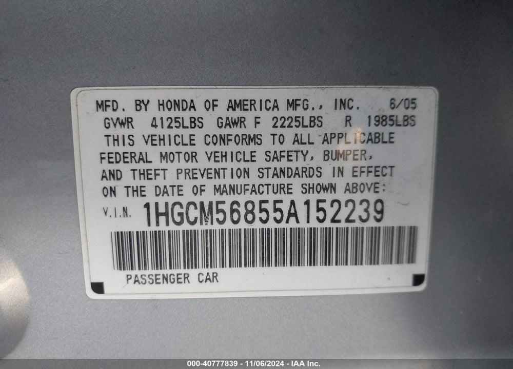 2005 HONDA ACCORD 2.4 EX VIN: 1HGCM56855A152239