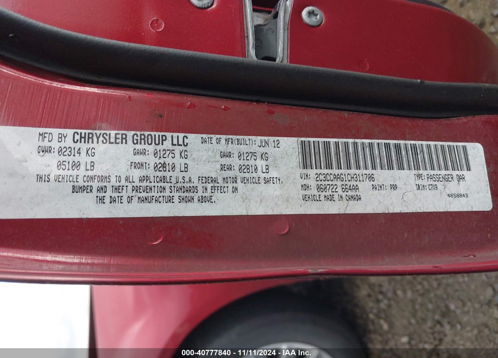 2012 CHRYSLER 300 VIN: 2C3CCAAG1CH311706