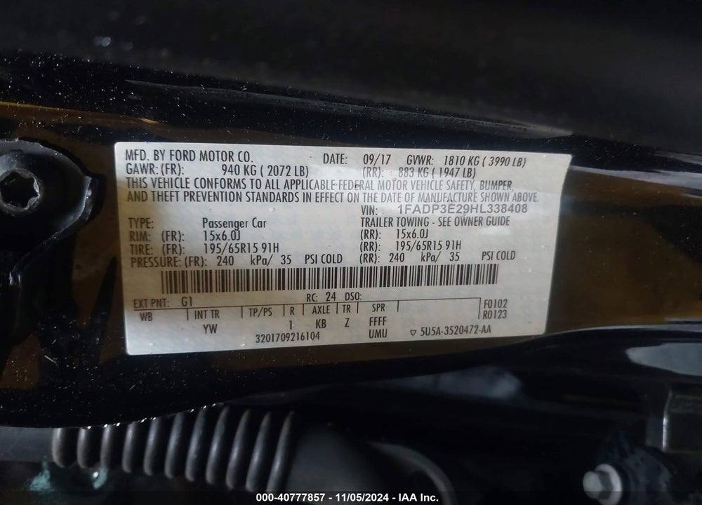 2017 FORD FOCUS S VIN: 1FADP3E29HL338408