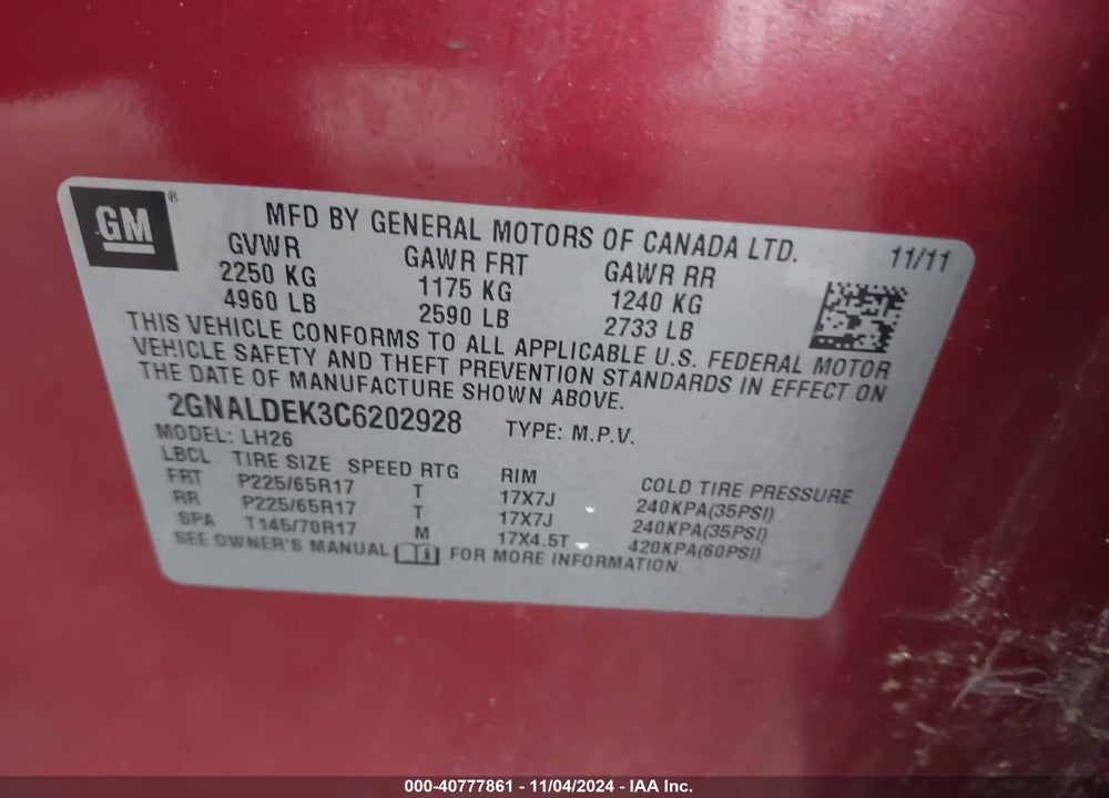 2012 CHEVROLET EQUINOX 1LT VIN: 2GNALDEK3C6202928