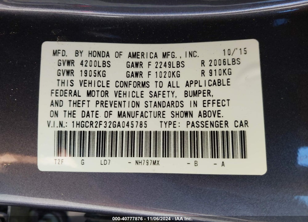 2016 HONDA ACCORD LX VIN: 1HGCR2F32GA045785