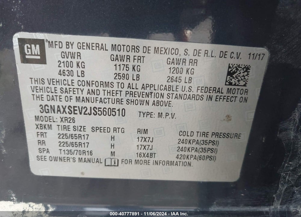 2018 CHEVROLET EQUINOX LT VIN: 3GNAXSEV2JS560510