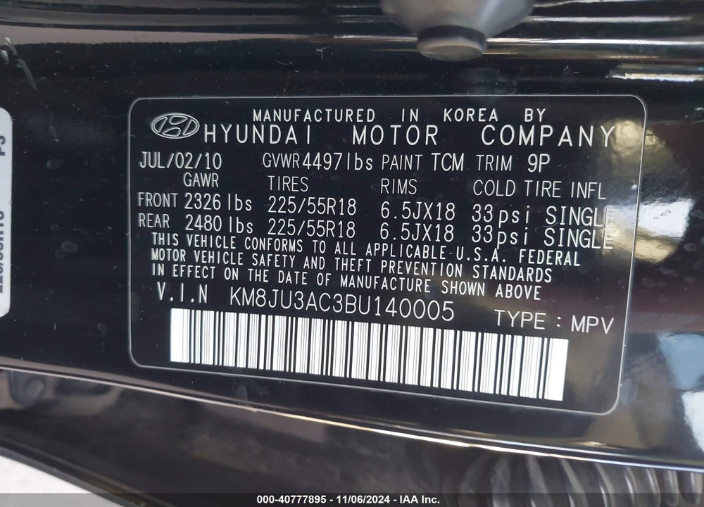 2011 HYUNDAI TUCSON LIMITED VIN: KM8JU3AC3BU140005
