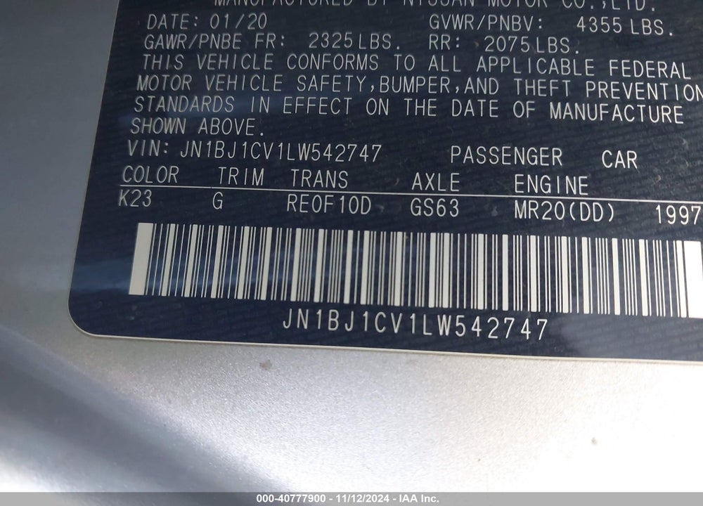 2020 NISSAN ROGUE SPORT S FWD XTRONIC CVT VIN: JN1BJ1CV1LW542747