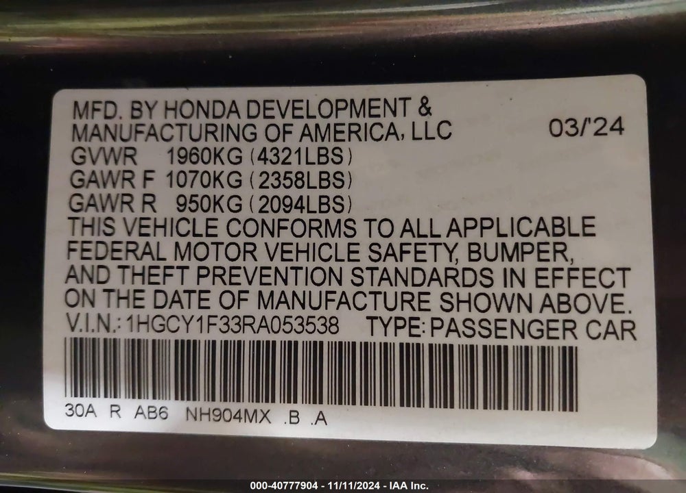 2024 HONDA ACCORD EX VIN: 1HGCY1F33RA053538