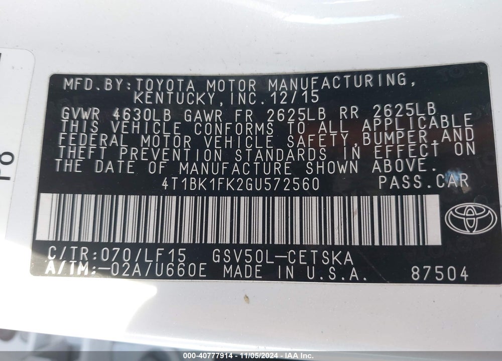 2016 TOYOTA CAMRY XSE V6 VIN: 4T1BK1FK2GU572560