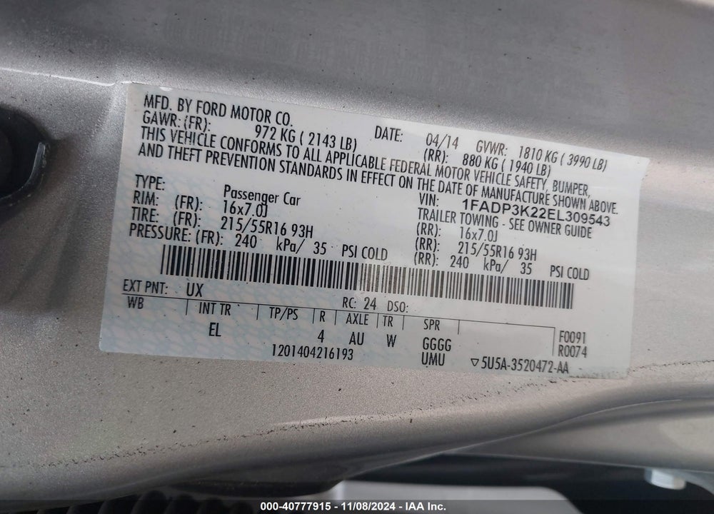 2014 FORD FOCUS SE VIN: 1FADP3K22EL309543