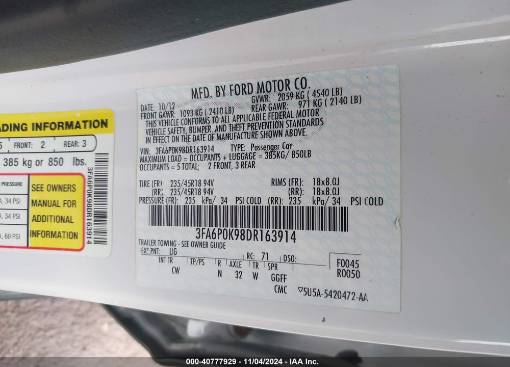 2013 FORD FUSION TITANIUM VIN: 3FA6P0K98DR163914