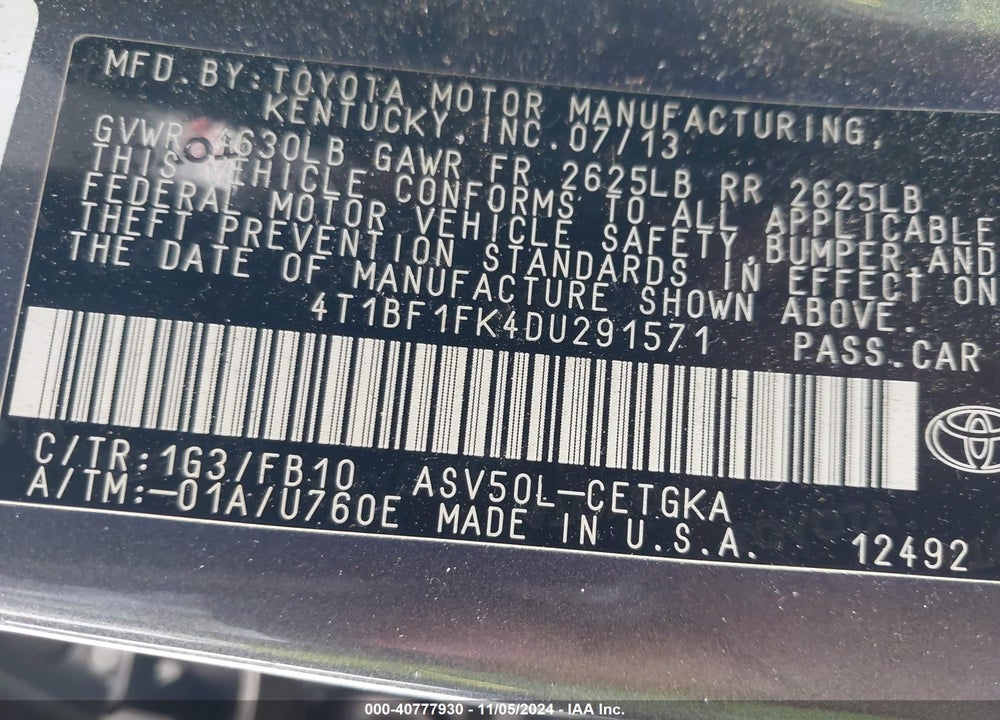 2013 TOYOTA CAMRY XLE VIN: 4T1BF1FK4DU291571