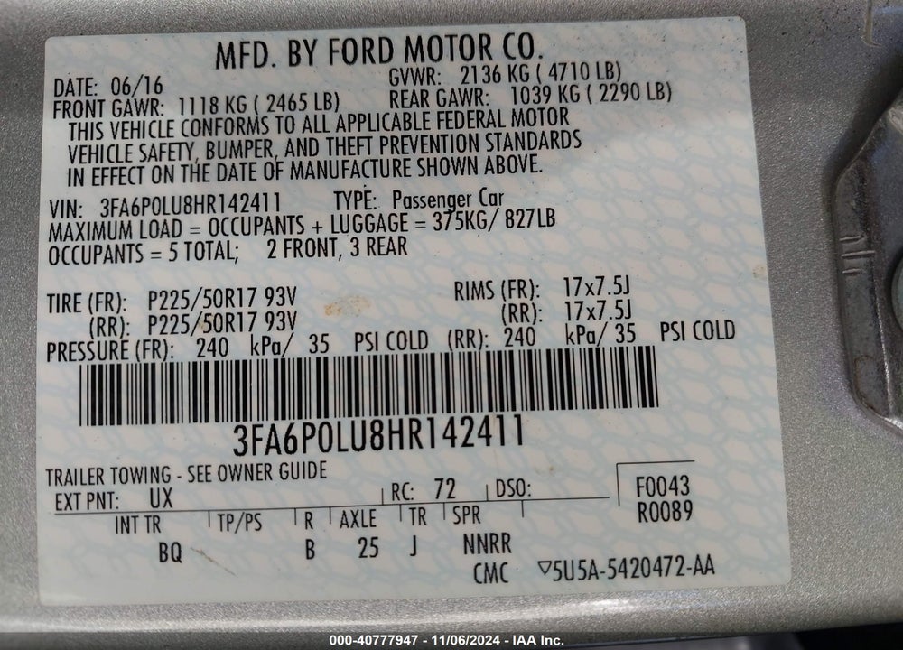 2017 FORD FUSION HYBRID SE VIN: 3FA6P0LU8HR142411