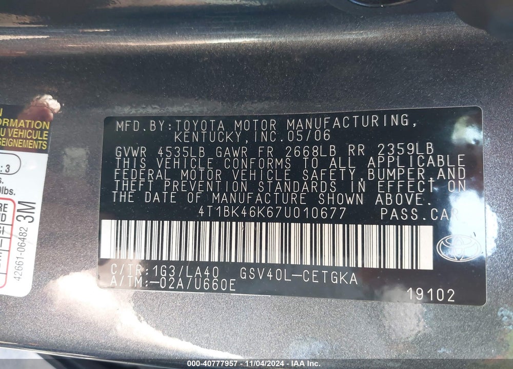 2007 TOYOTA CAMRY XLE V6 VIN: 4T1BK46K67U010677