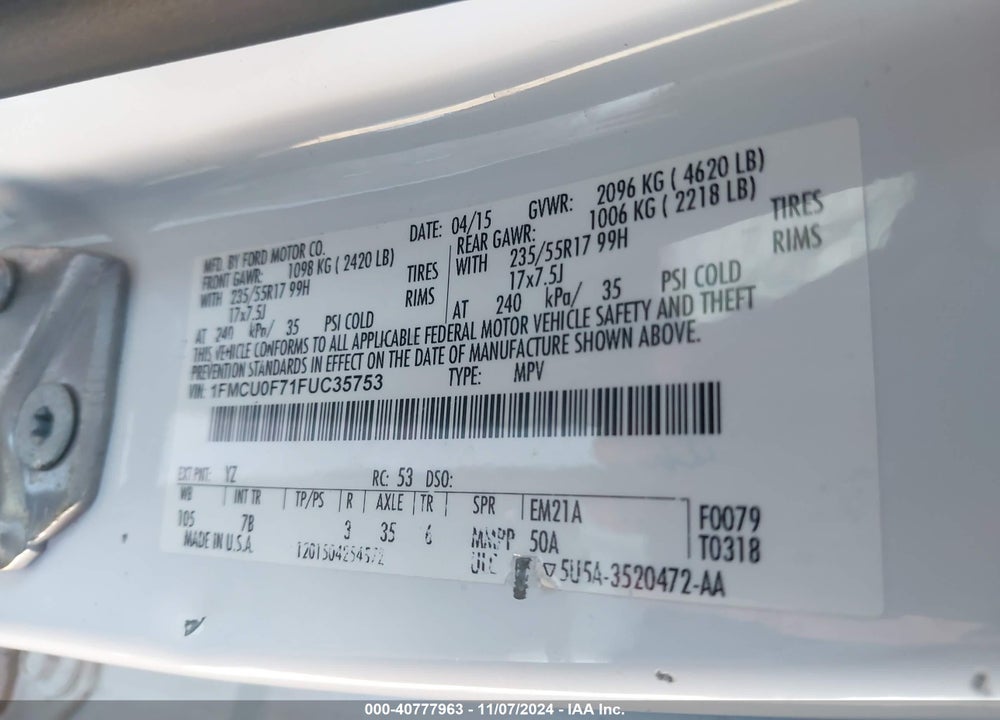 2015 FORD ESCAPE S VIN: 1FMCU0F71FUC35753