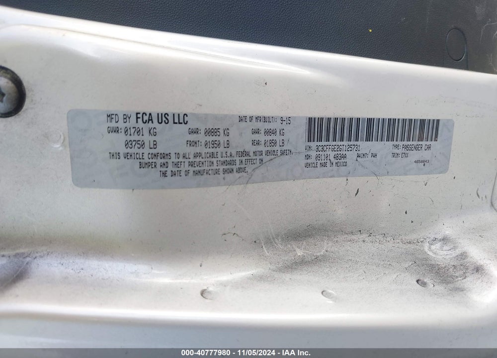 2016 FIAT 500E BATTERY ELECTRIC VIN: 3C3CFFGE2GT125731