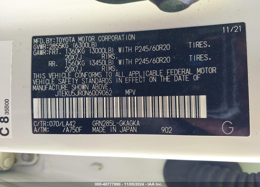 2022 TOYOTA 4RUNNER LIMITED VIN: JTEKU5JR0N6009062