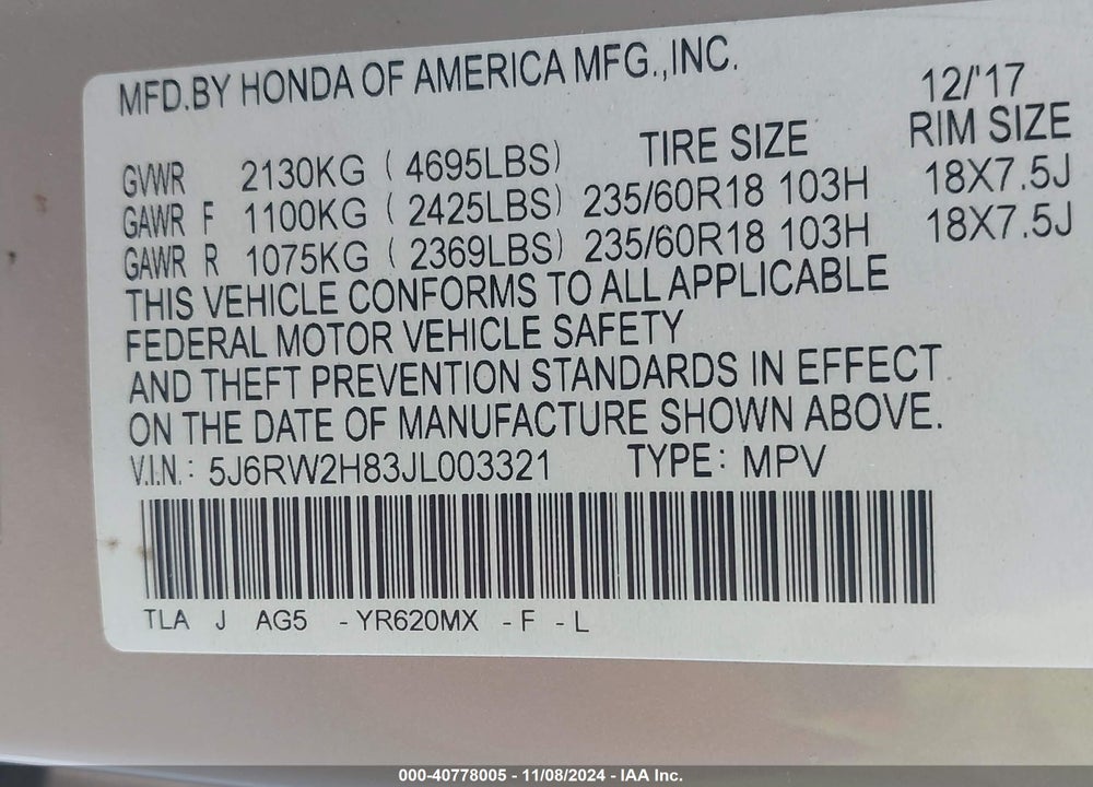 2018 HONDA CR-V EX-L/EX-L NAVI VIN: 5J6RW2H83JL003321