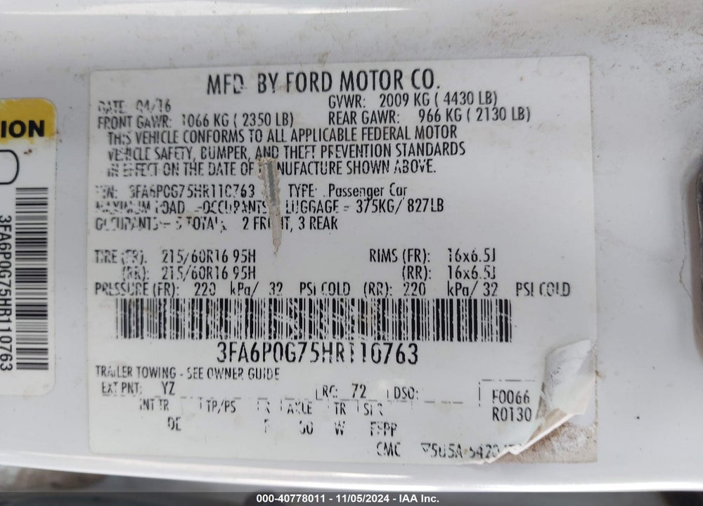 2017 FORD FUSION S VIN: 3FA6P0G75HR110763