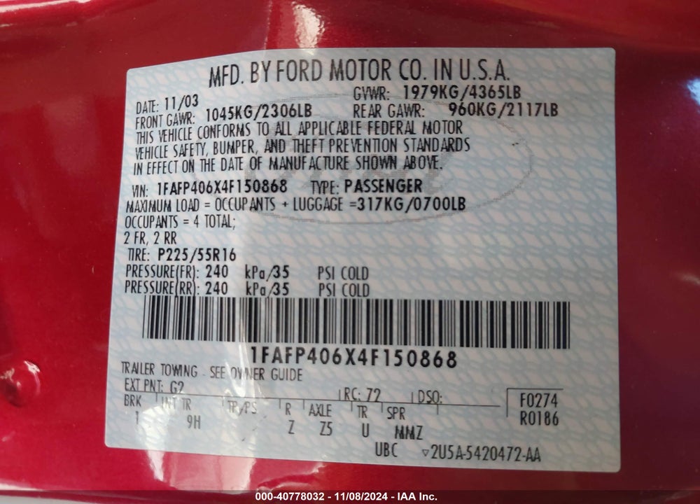 2004 FORD MUSTANG PREMIUM VIN: 1FAFP406X4F150868