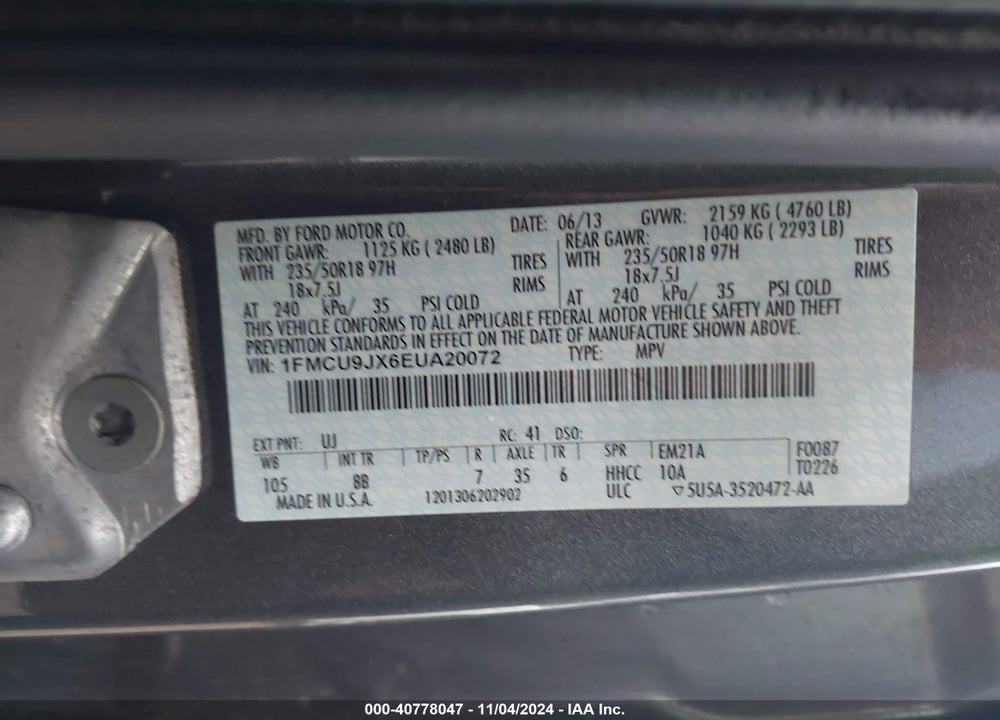 2014 FORD ESCAPE TITANIUM VIN: 1FMCU9JX6EUA20072