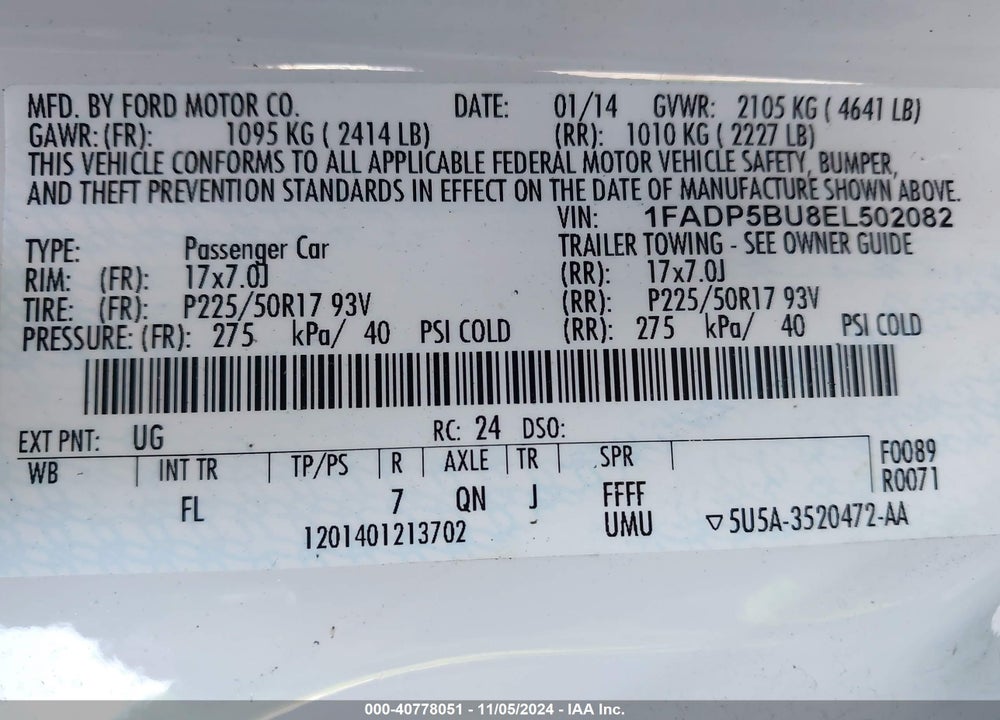 2014 FORD C-MAX HYBRID SEL VIN: 1FADP5BU8EL502082
