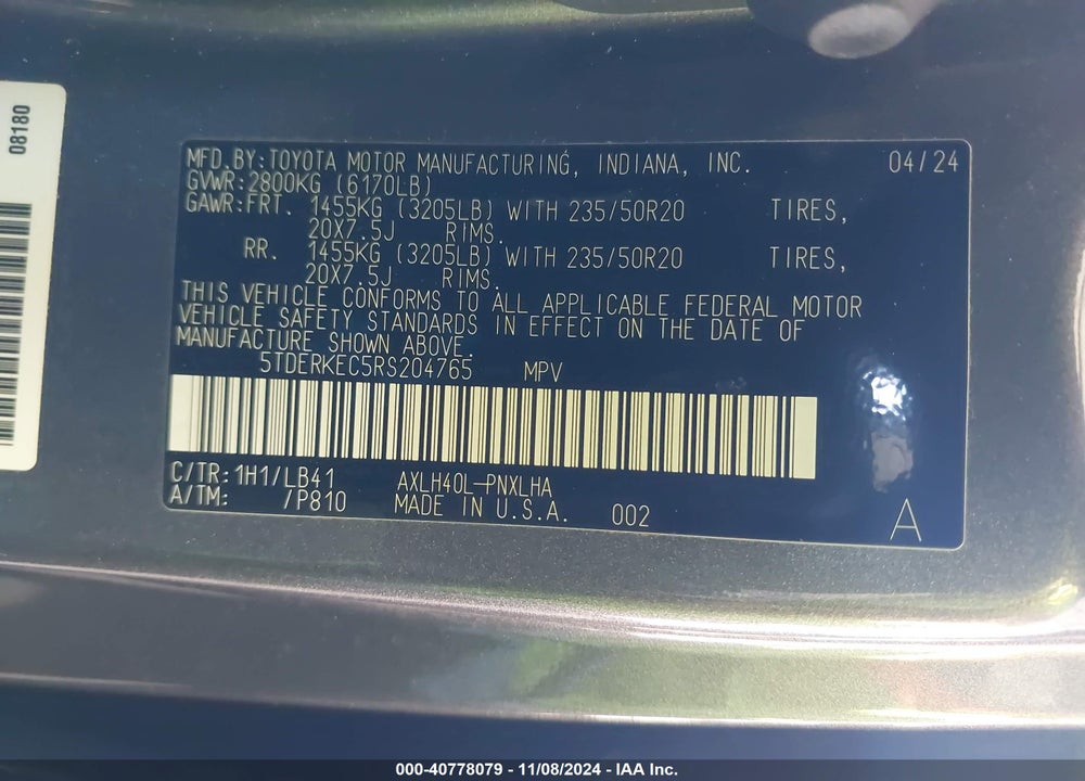 2024 TOYOTA SIENNA PLATINUM VIN: 5TDERKEC5RS204765