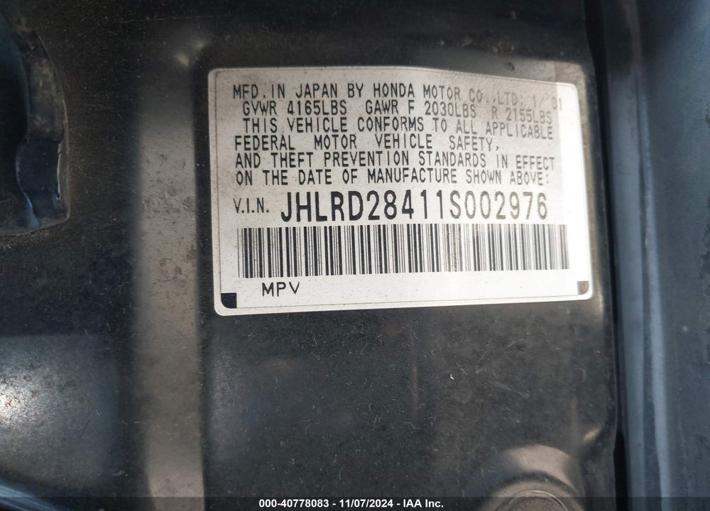 2001 HONDA CR-V VIN: JHLRD28411S002976
