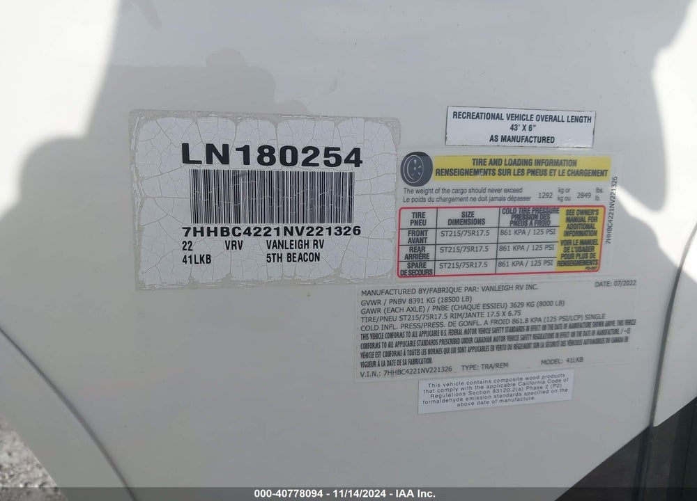 2022 VANLEIGH OTHER VIN: 7HHBC4221NV221326