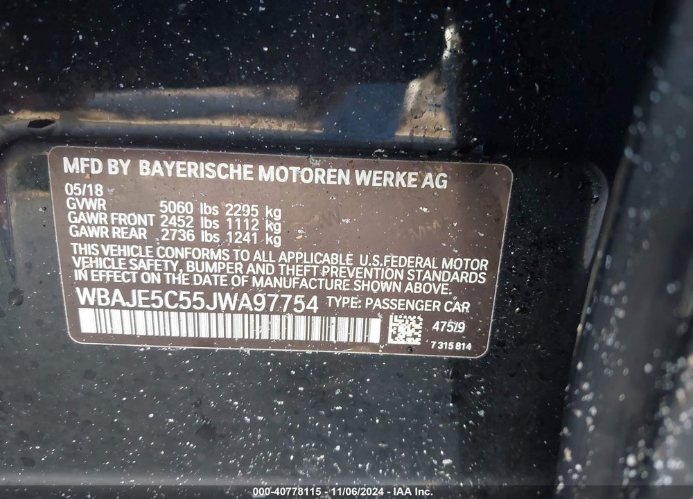 2018 BMW 540I VIN: WBAJE5C55JWA97754