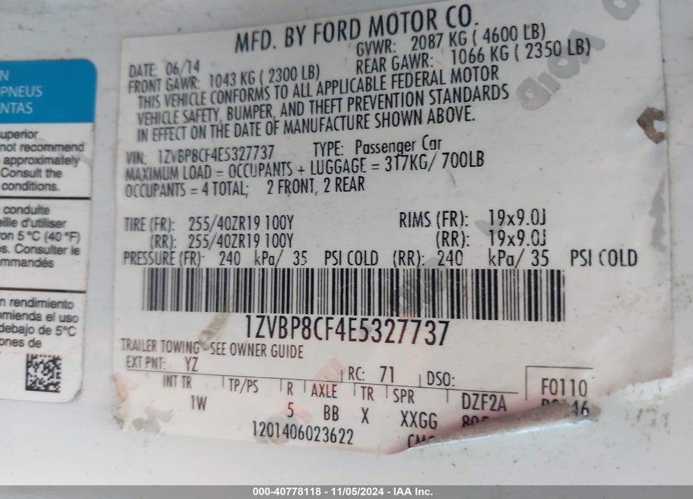 2014 FORD MUSTANG GT VIN: 1ZVBP8CF4E5327737